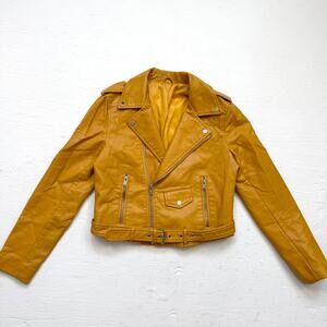 Mustard Yellow Faux Leather Cropped Moto Jacket Belted Zip Small